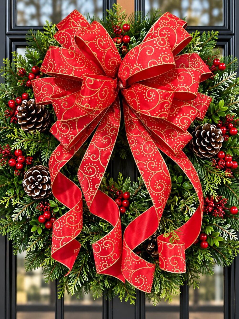 Red & Gold Christmas Bow, Elegant Gold Swirl Wreath Bow, Red Holiday Wreath Bow